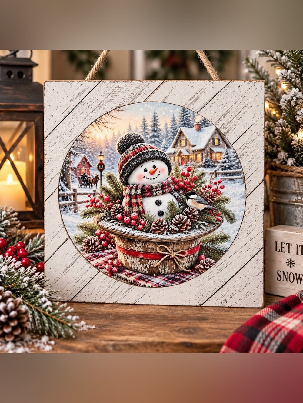 Hand Crafted Red & White Snowman Holiday Wall Hanging